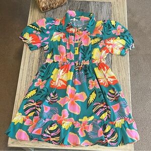 JODIFL Teal Tropical Floral Midi Dress with Pink & Yellow Accents